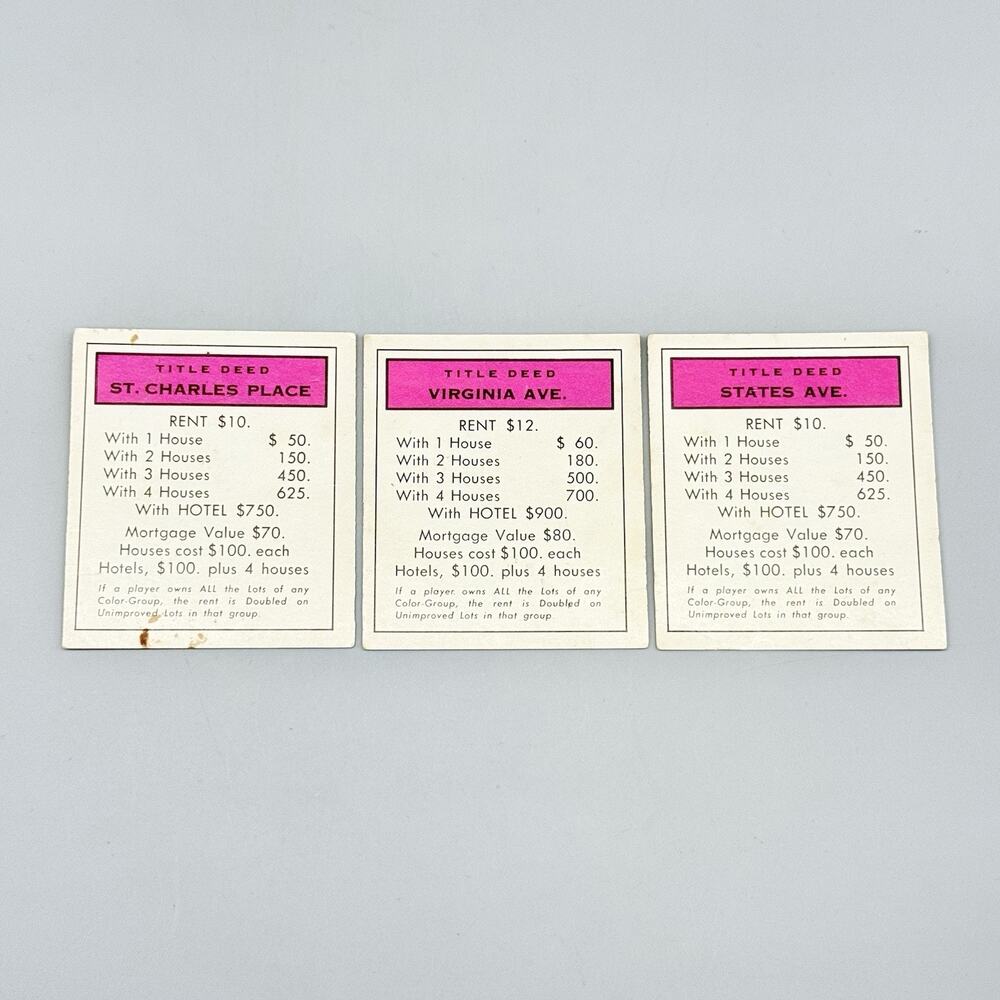 Parker Brothers 1961 Vintage Monopoly #9 Board Game Replacement 3 Pink Deeds
